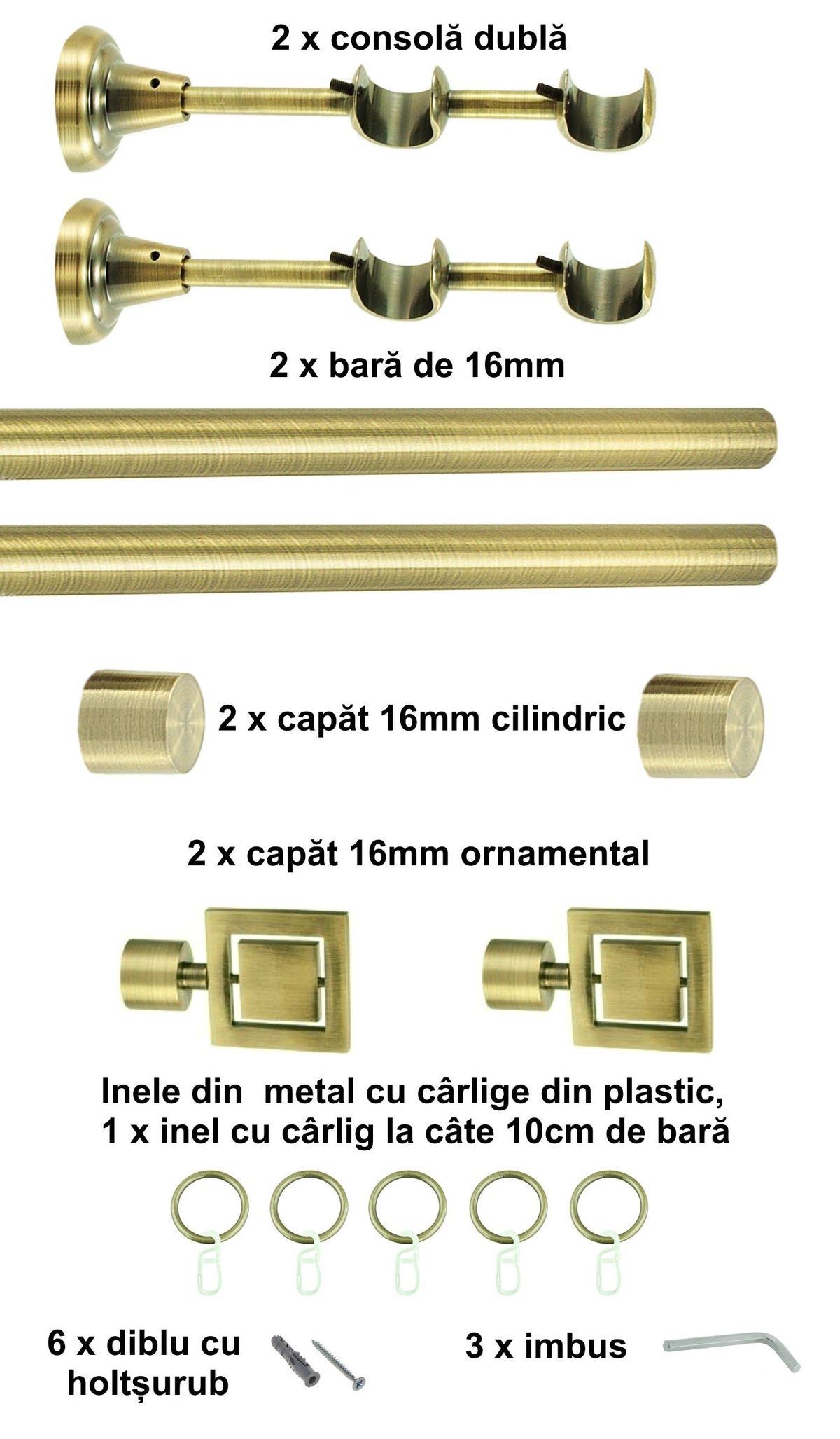 Galerie Metalică Saturn, dublă, clasică, cu inele, 16mm, antique brass (auriu antic)