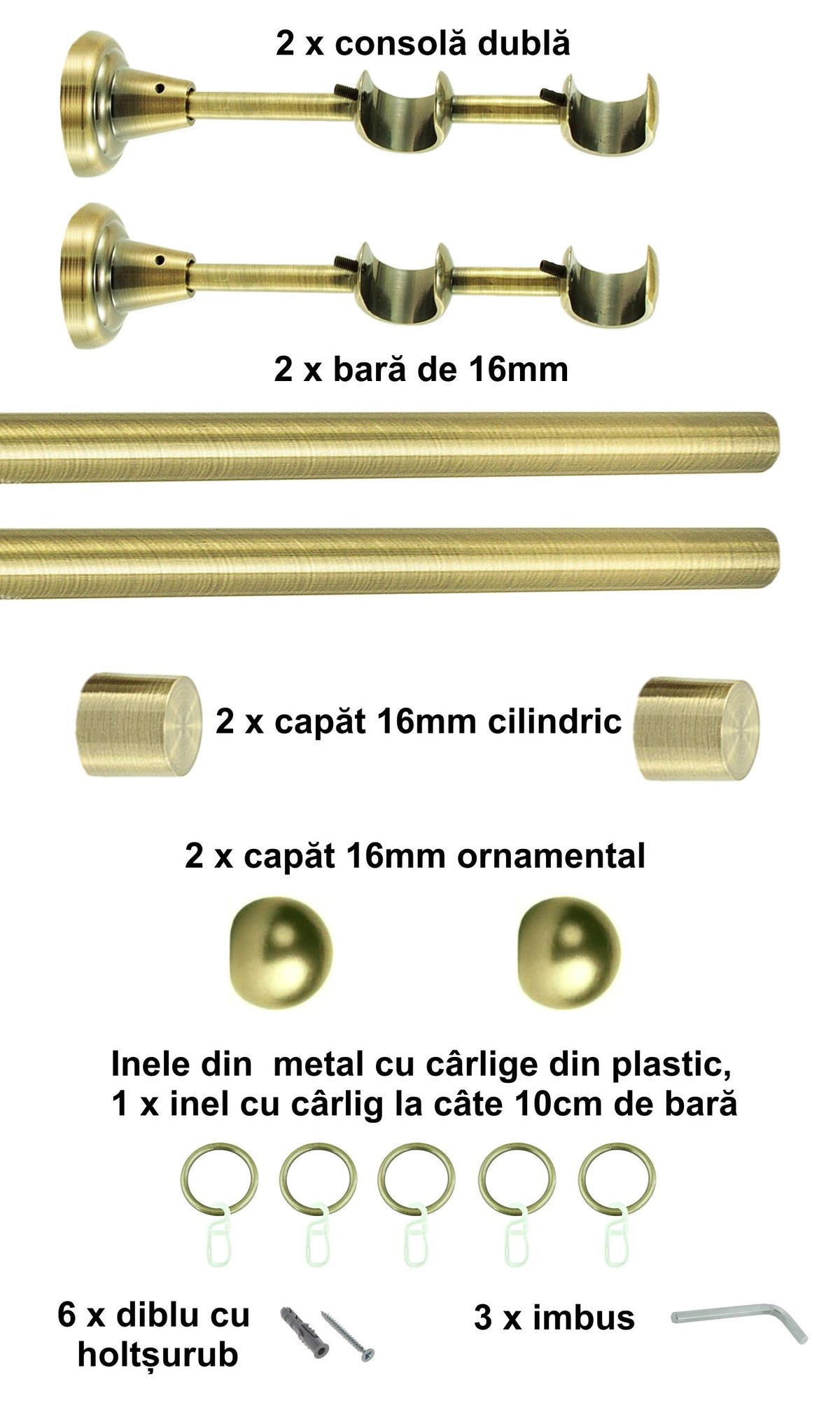 Galerie Metalică Terra, dublă, clasică, cu inele, 16mm, antique brass (auriu antic)