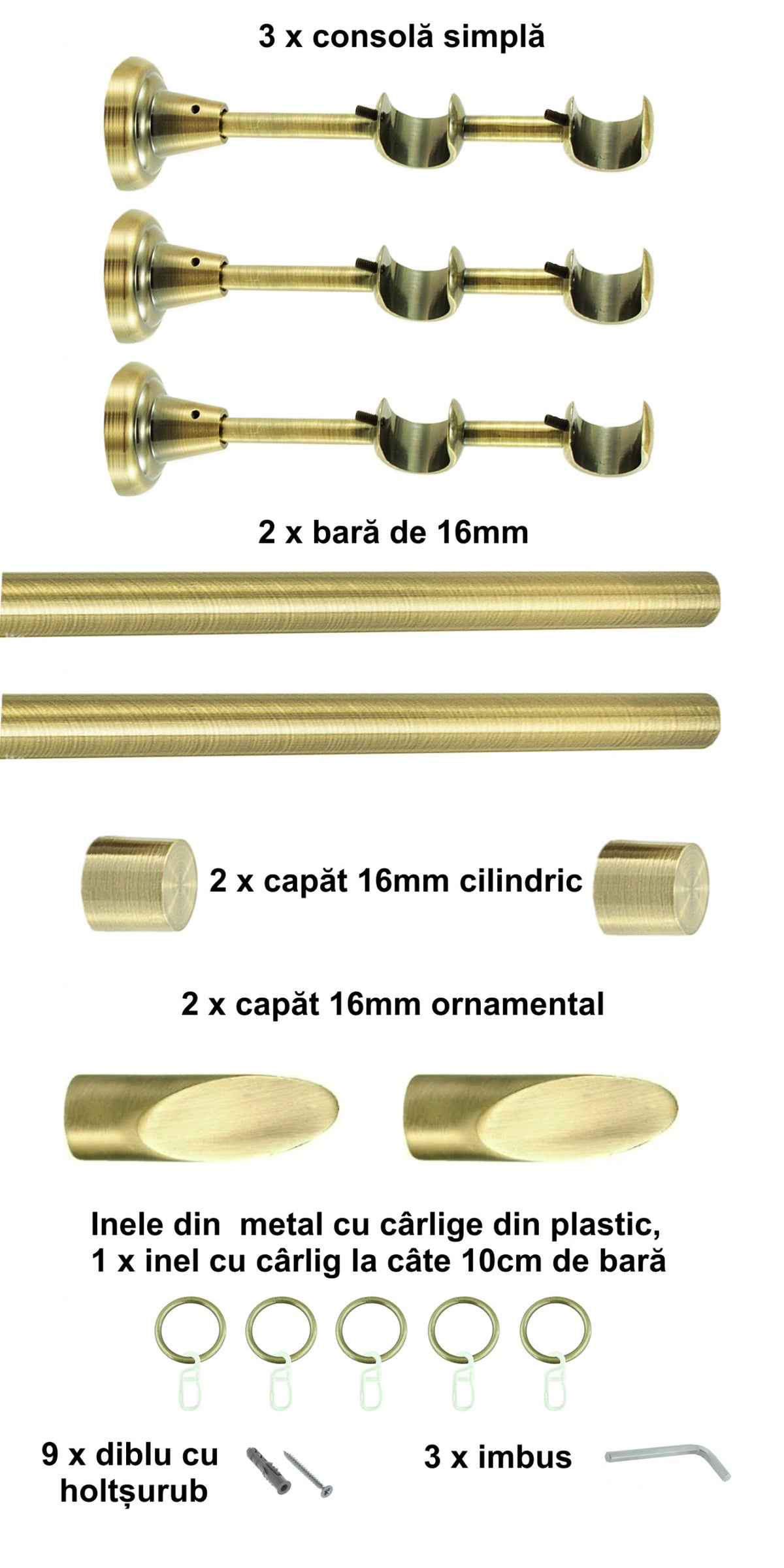 Galerie Metalică Alexia, dublă, clasică, cu inele, 16mm, antique brass (auriu antic)