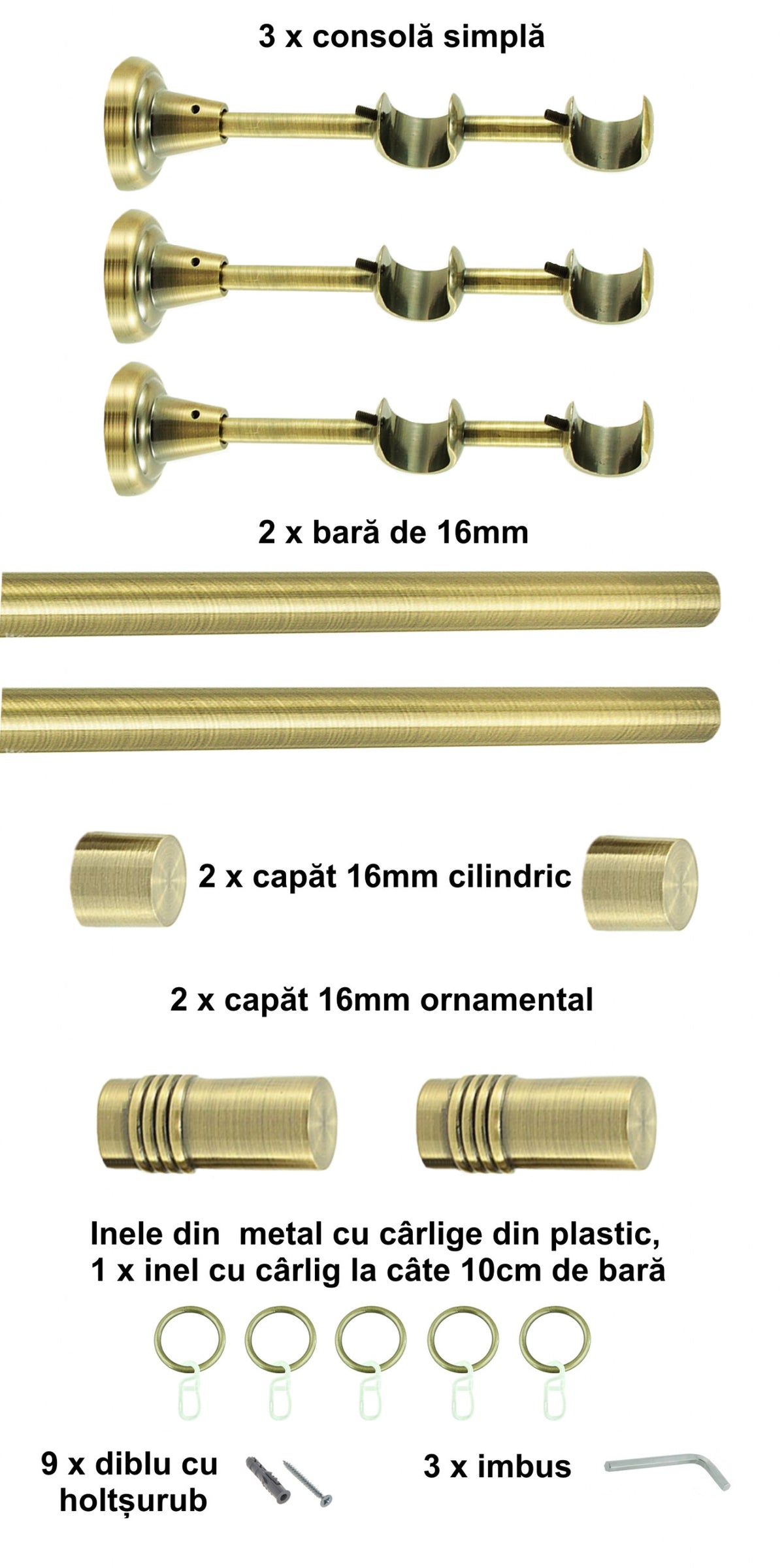 Galerie Metalică Celtex, dublă, clasică, cu inele, 16mm, antique brass (auriu antic)