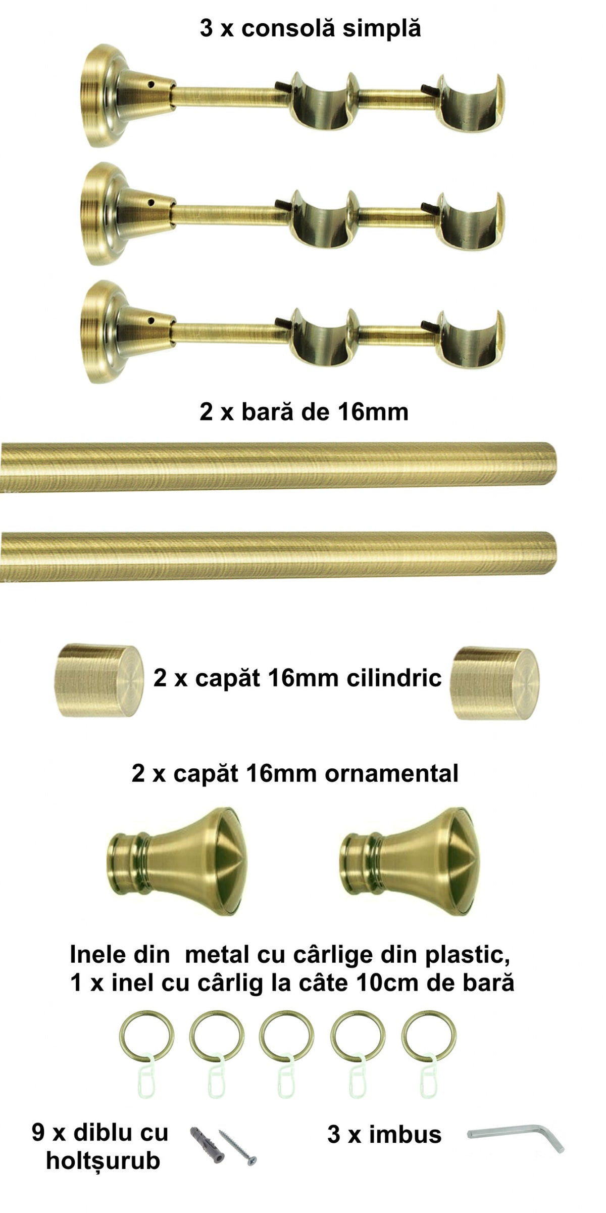 Galerie Metalică Conic, dublă, clasică, cu inele, 16mm, antique brass (auriu antic)