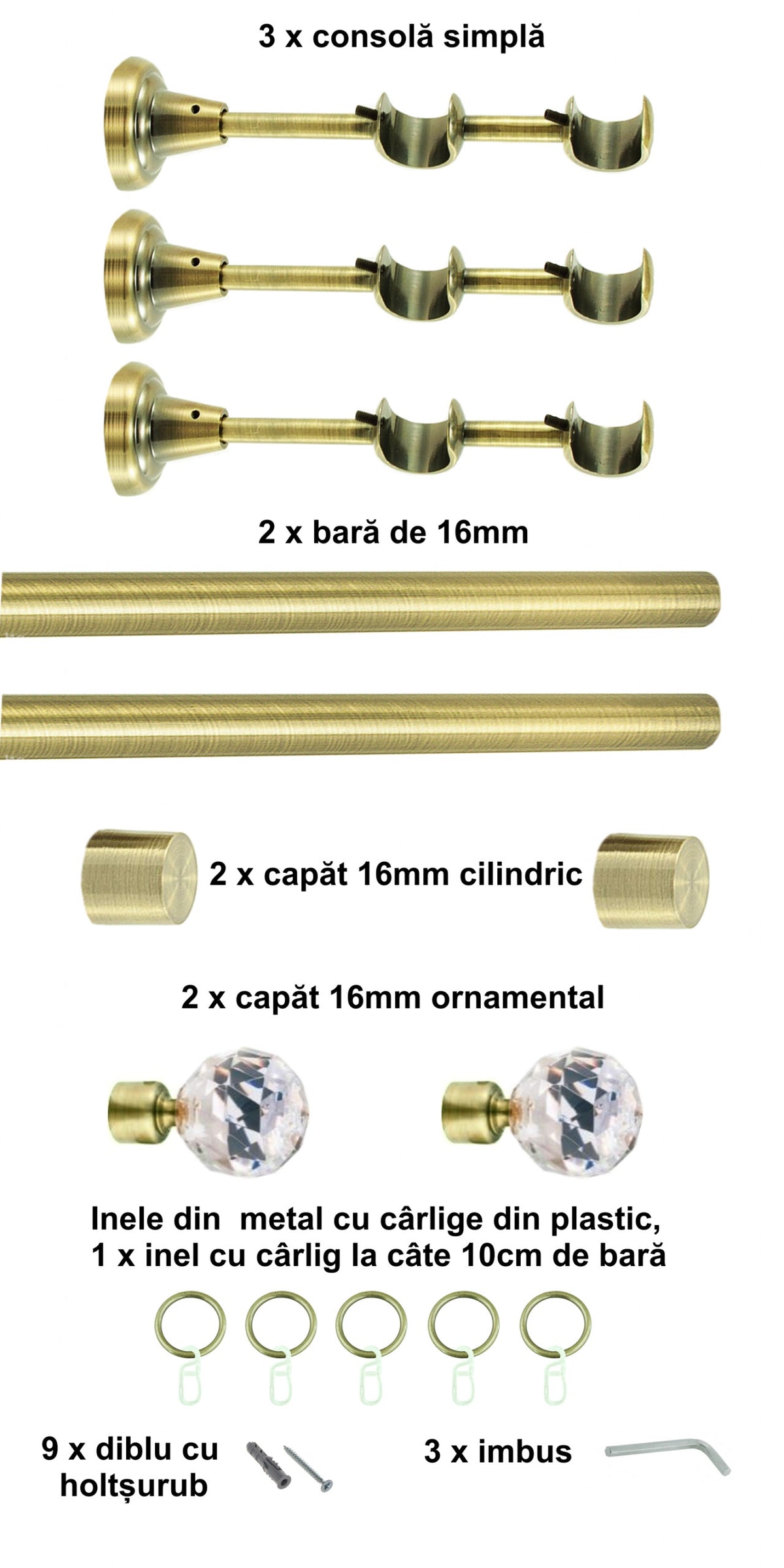 Galerie Metalică Cristal, dublă, clasică, cu inele, 16mm, antique brass (auriu antic)