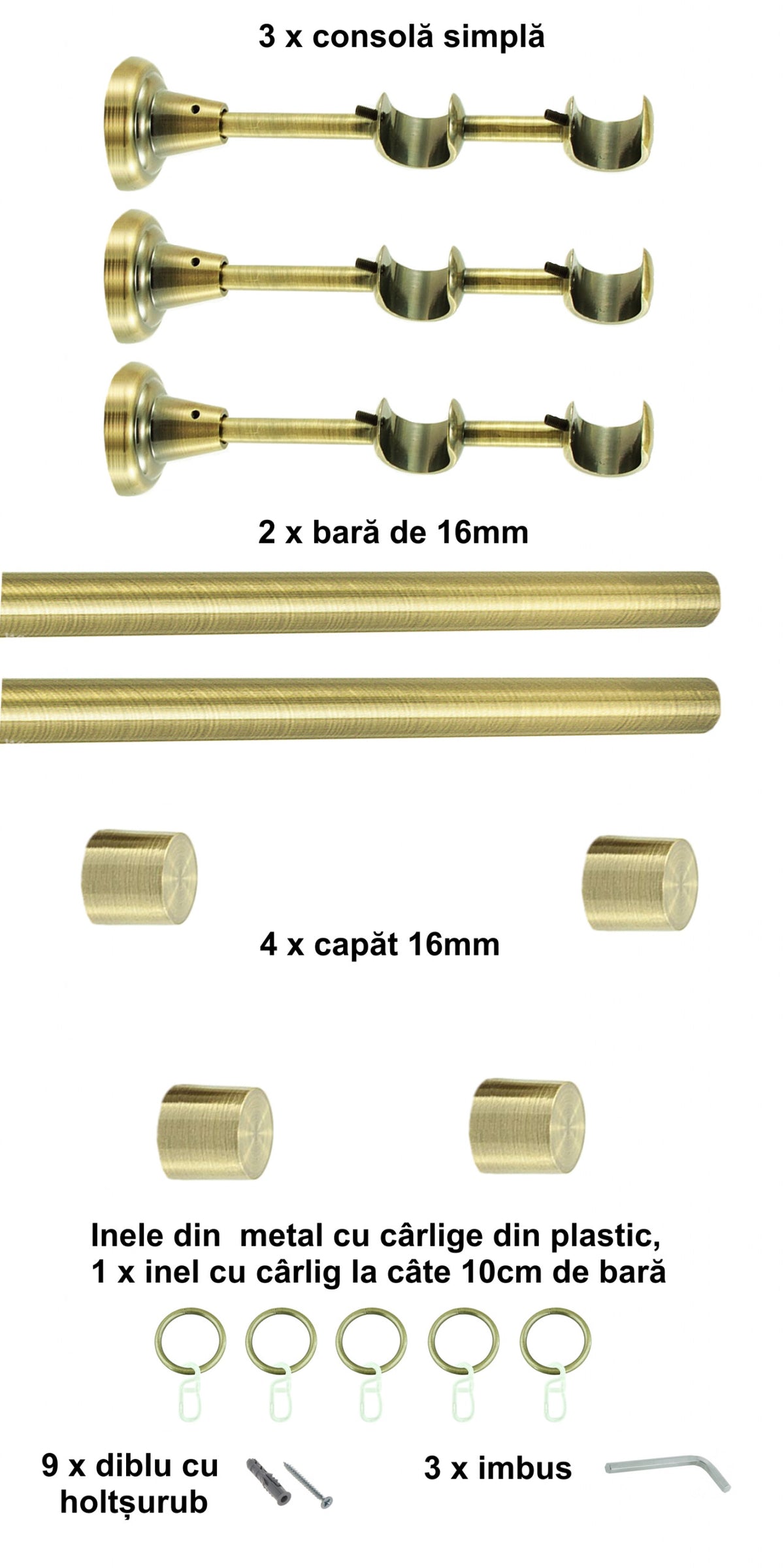 Galerie Metalică Luna, dublă, clasică, cu inele, 16mm, antique brass (auriu antic)