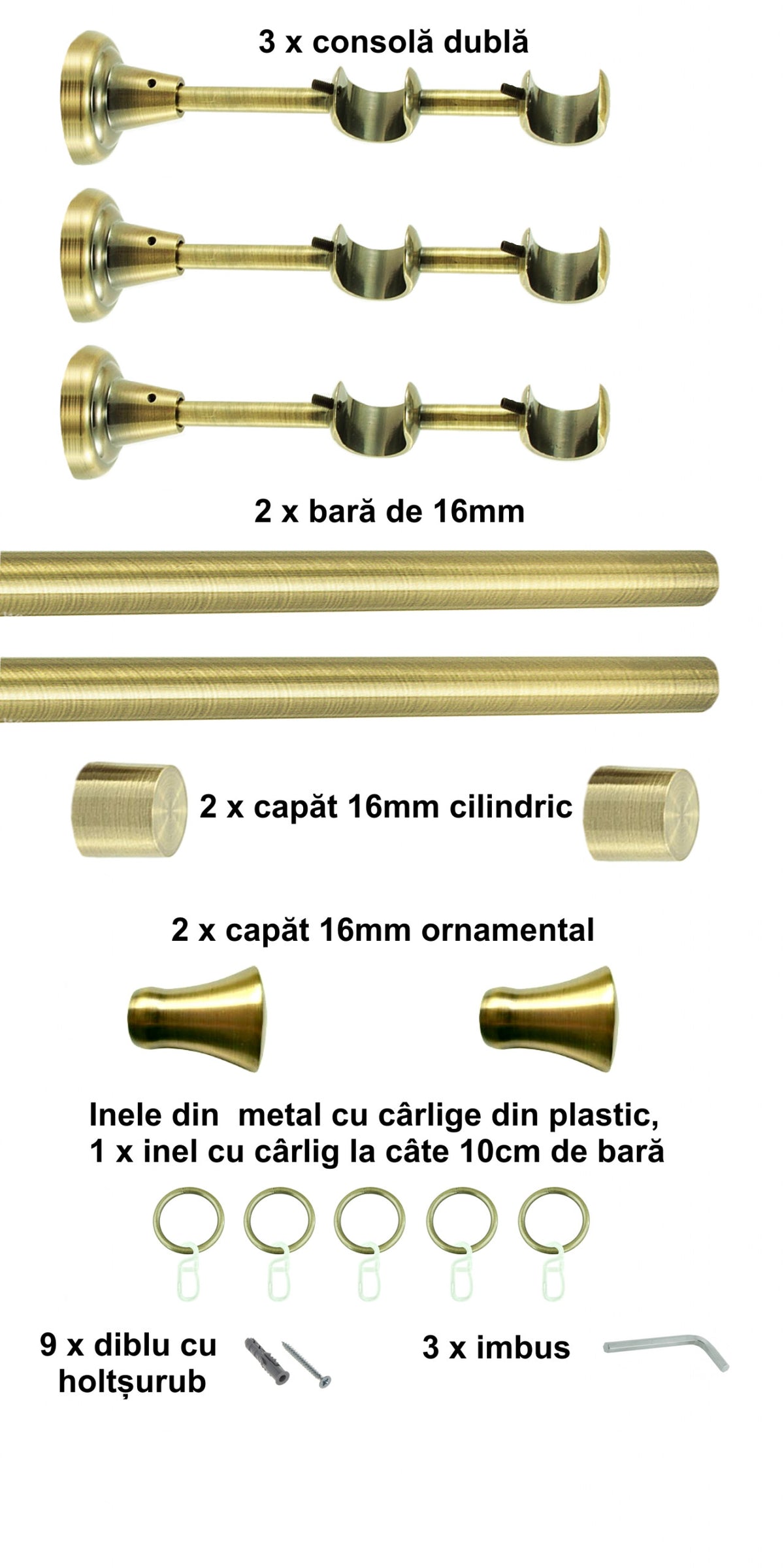 Galerie Metalică Monaco, dublă, clasică, cu inele, 16mm, antique brass (auriu antic)