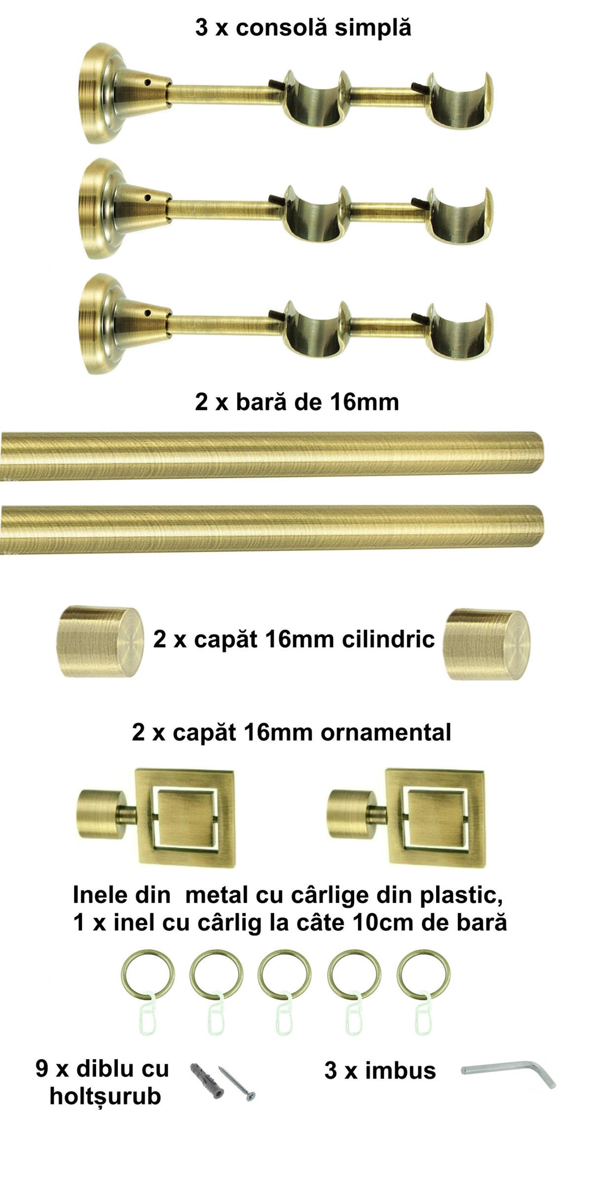 Galerie Metalică Saturn, dublă, clasică, cu inele, 16mm, antique brass (auriu antic)