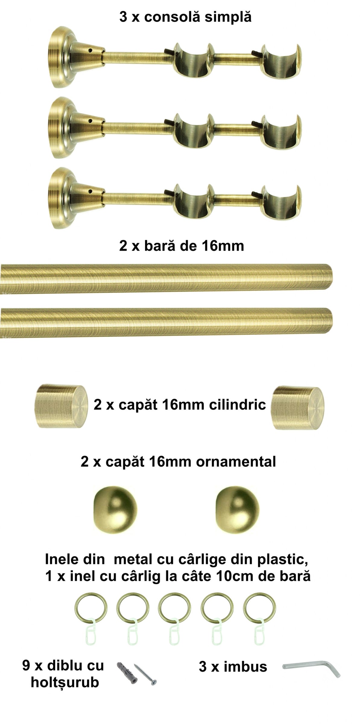 Galerie Metalică Terra, dublă, clasică, cu inele, 16mm, antique brass (auriu antic)