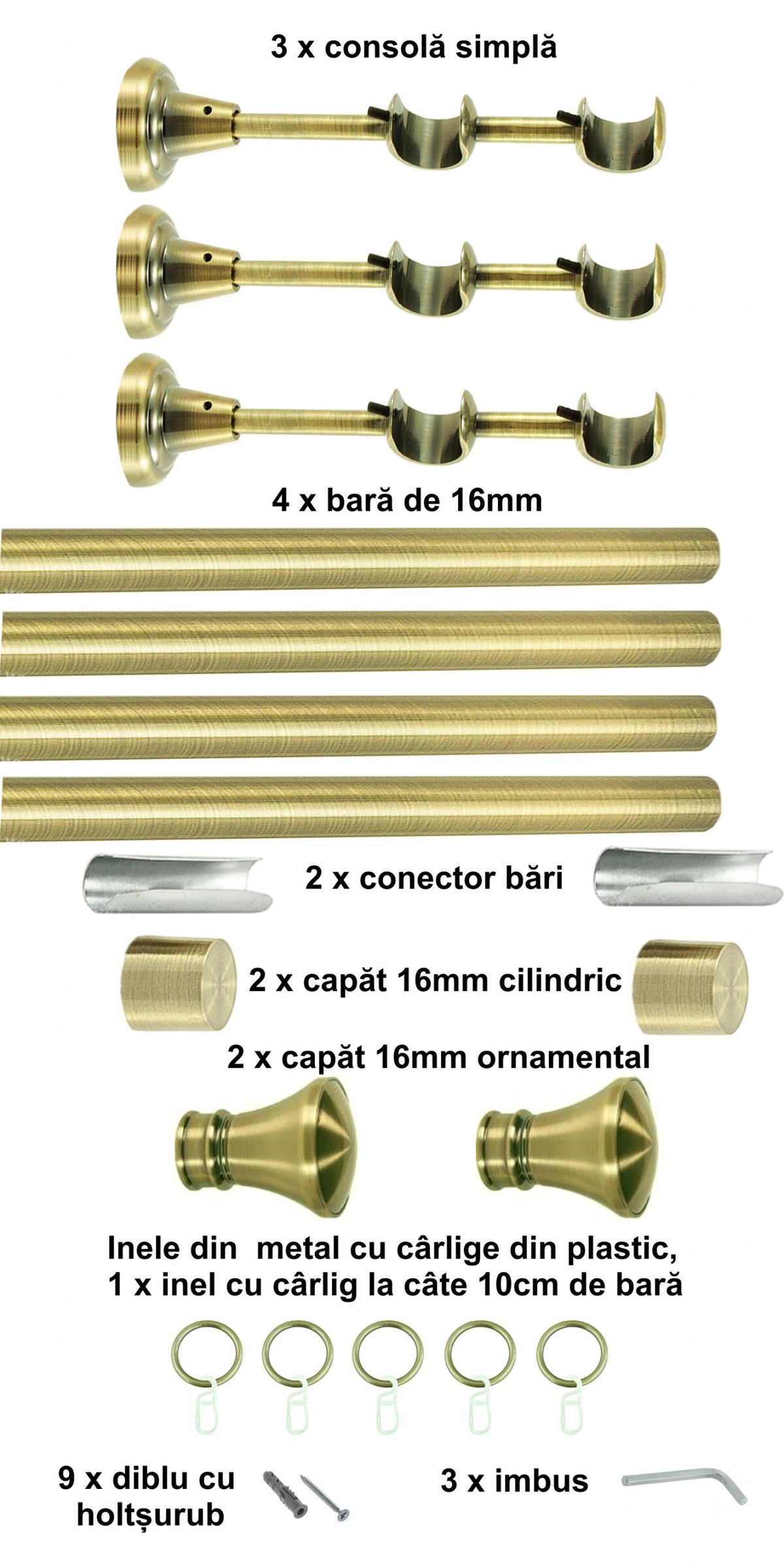 Galerie Metalică Conic, dublă, clasică, cu inele, 16mm, antique brass (auriu antic)
