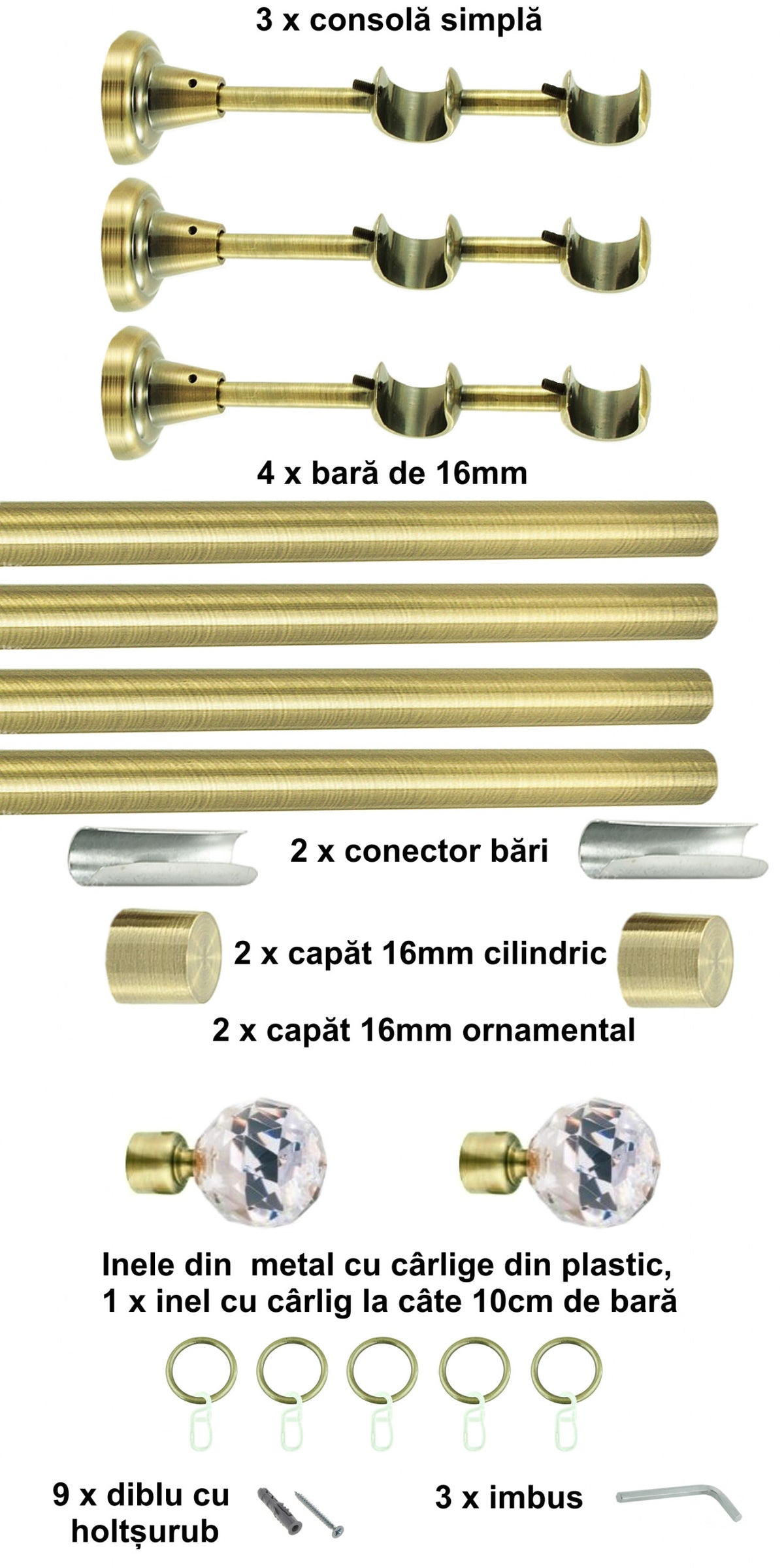 Galerie Metalică Cristal, dublă, clasică, cu inele, 16mm, antique brass (auriu antic)