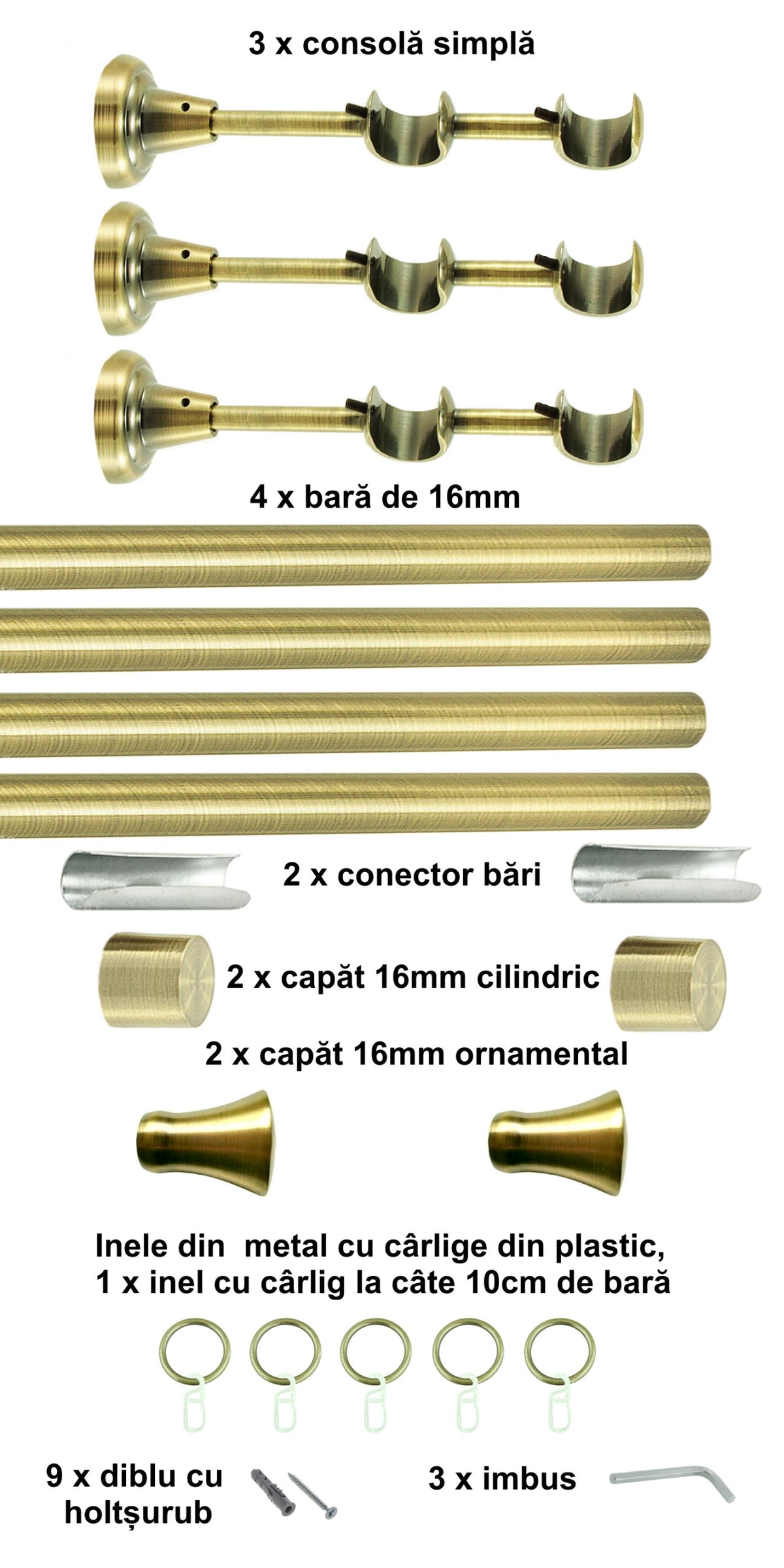 Galerie Metalică Monaco, dublă, clasică, cu inele, 16mm, antique brass (auriu antic)