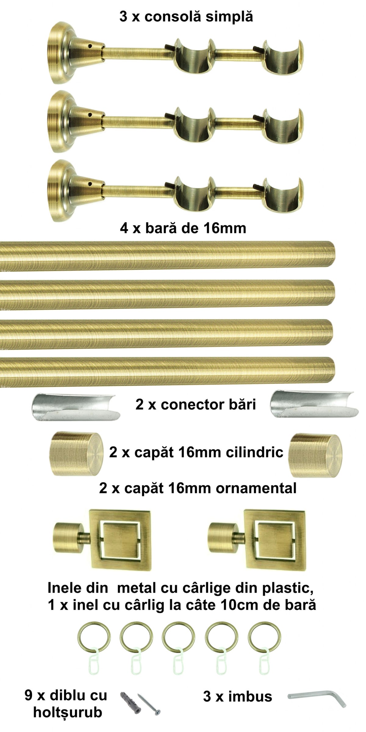 Galerie Metalică Saturn, dublă, clasică, cu inele, 16mm, antique brass (auriu antic)