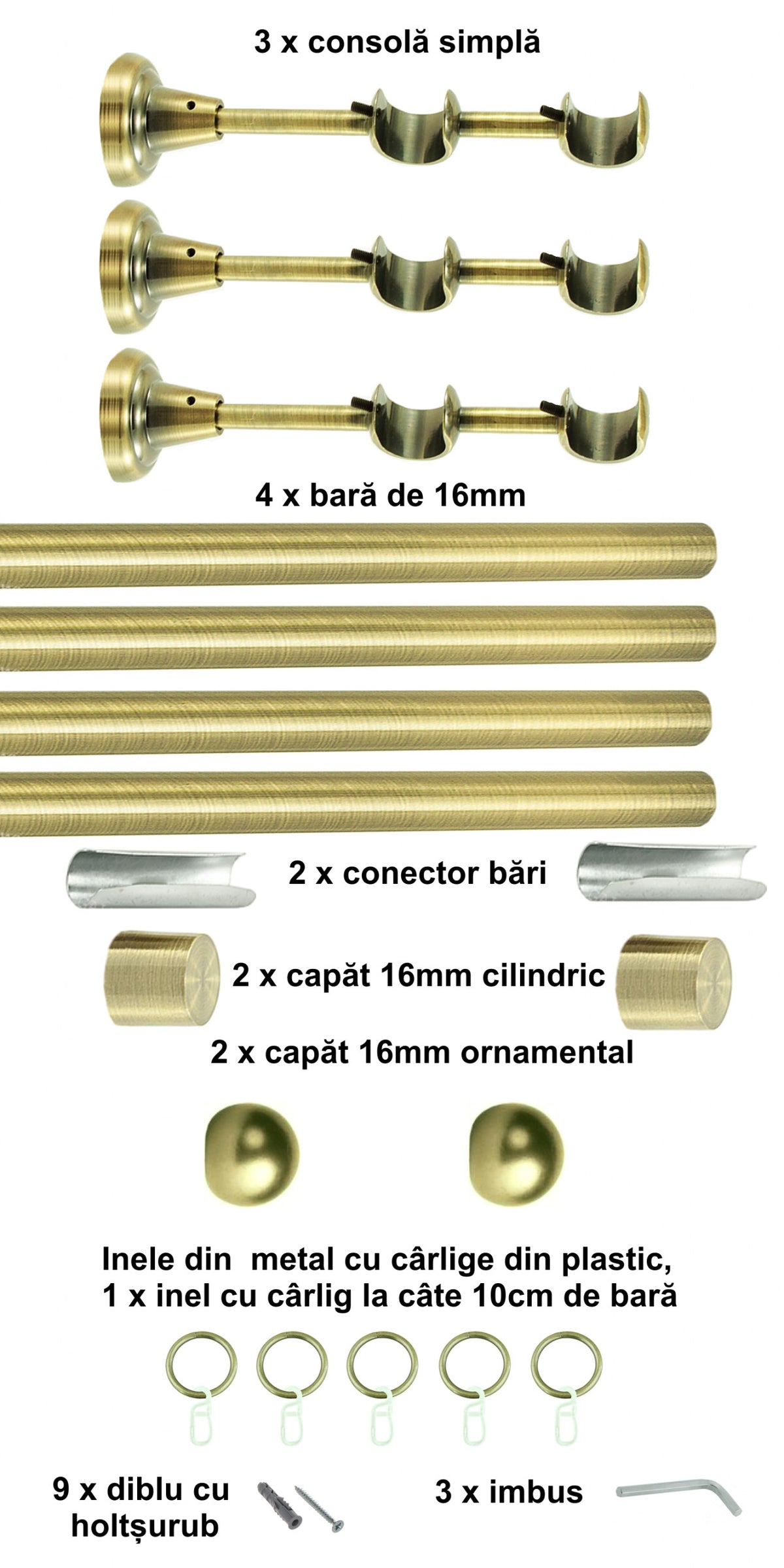 Galerie Metalică Terra, dublă, clasică, cu inele, 16mm, antique brass (auriu antic)