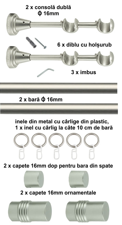 Galerie Metalică Celtex, dublă, clasică, cu inele, 16mm, satin nichel (argintiu mat)