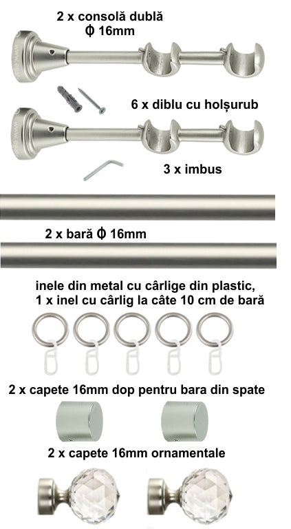 Galerie Metalică Cristal, dublă, clasică, cu inele, 16mm, satin nichel (argintiu mat)