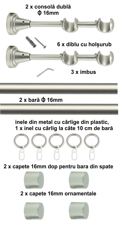 Galerie Metalică Luna, dublă, clasică, cu inele, 16mm, satin nichel (argintiu mat)