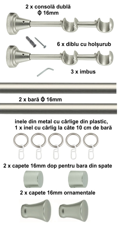 Galerie Metalică Monaco, dublă, clasică, cu inele, 16mm, satin nichel (argintiu mat)