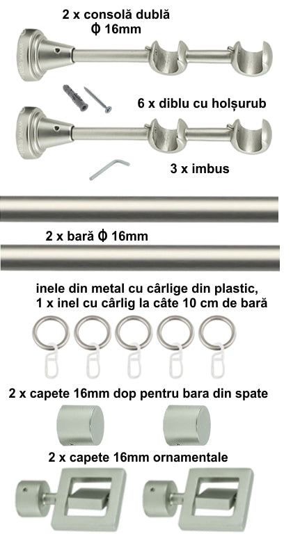 Galerie Metalică Saturn, dublă, clasică, cu inele, 16mm, satin nichel (argintiu mat)