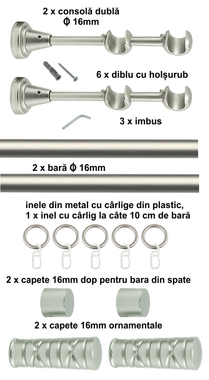 Galerie Metalică Striat, dublă, clasică, cu inele, 16mm, satin nichel (argintiu mat)