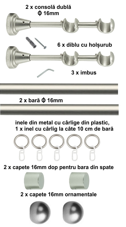 Galerie Metalică Terra, dublă, clasică, cu inele, 16mm, satin nichel (argintiu mat)