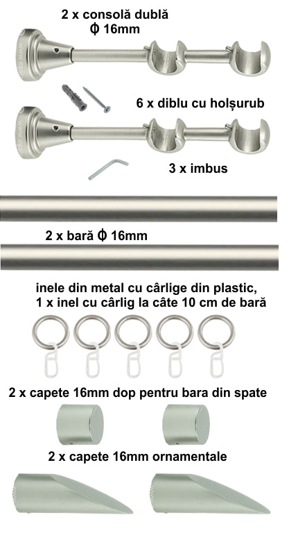 Galerie Metalică Alexia, dublă, clasică, cu inele, 16mm, satin nichel (argintiu mat)