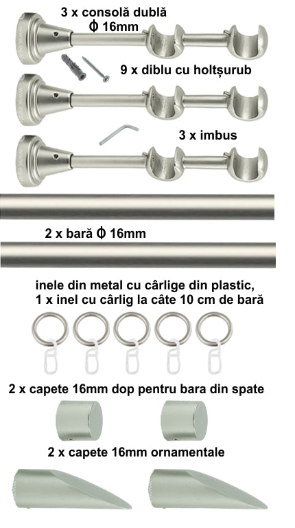 Galerie Metalică Alexia, dublă, clasică, cu inele, 16mm, satin nichel (argintiu mat)