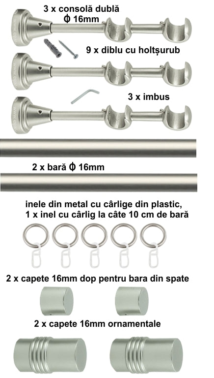 Galerie Metalică Celtex, dublă, clasică, cu inele, 16mm, satin nichel (argintiu mat)