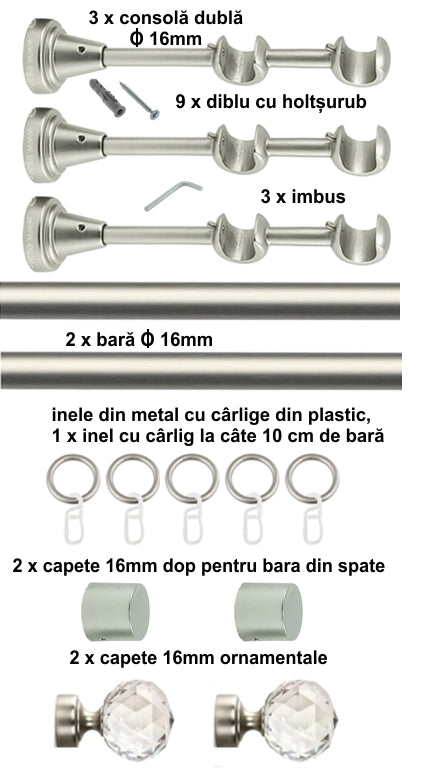 Galerie Metalică Cristal, dublă, clasică, cu inele, 16mm, satin nichel (argintiu mat)
