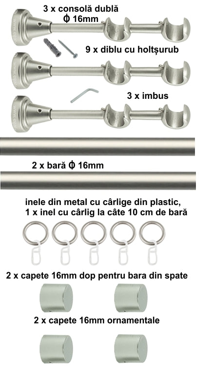 Galerie Metalică Luna, dublă, clasică, cu inele, 16mm, satin nichel (argintiu mat)