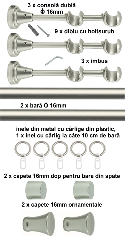 Galerie Metalică Monaco, dublă, clasică, cu inele, 16mm, satin nichel (argintiu mat)