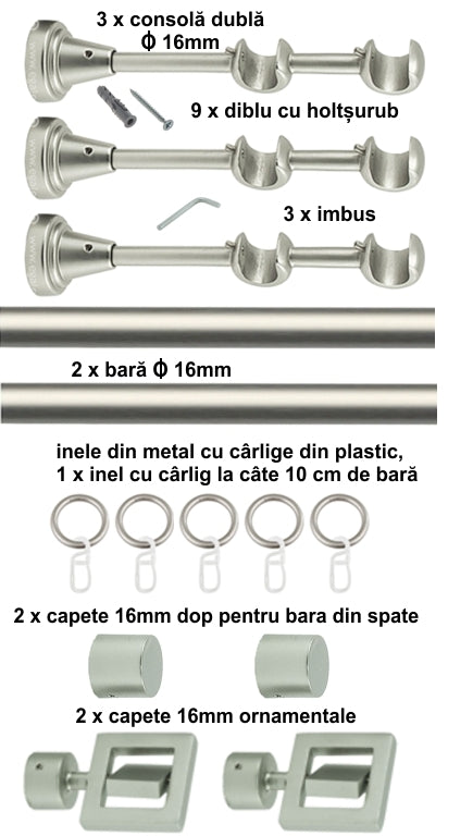 Galerie Metalică Saturn, dublă, clasică, cu inele, 16mm, satin nichel (argintiu mat)