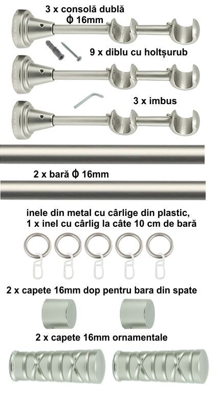 Galerie Metalică Striat, dublă, clasică, cu inele, 16mm, satin nichel (argintiu mat)