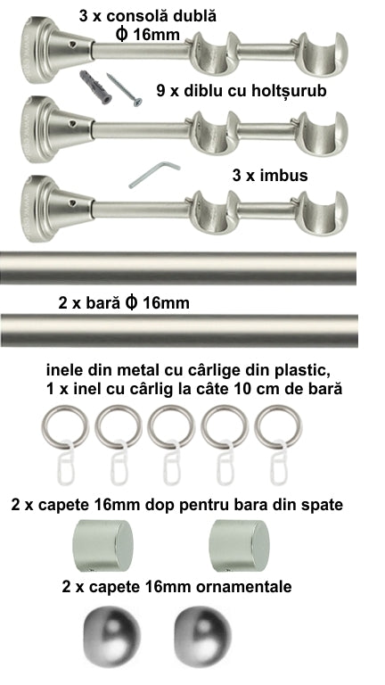 Galerie Metalică Terra, dublă, clasică, cu inele, 16mm, satin nichel (argintiu mat)