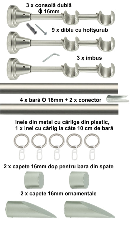 Galerie metalica Alexia , cu inele, dubla, basic, 16mm x 3.0m, satin nichel.