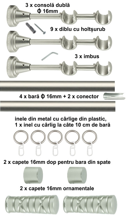 Galerie Metalică Striat, dublă, clasică, cu inele, 16mm, satin nichel (argintiu mat)