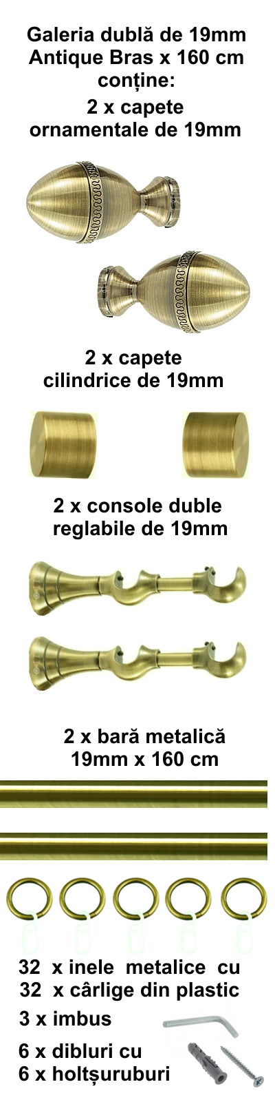 Galerie Metalică Cezar, dublă, clasică, cu inele, 19mm, antique brass (auriu antic)