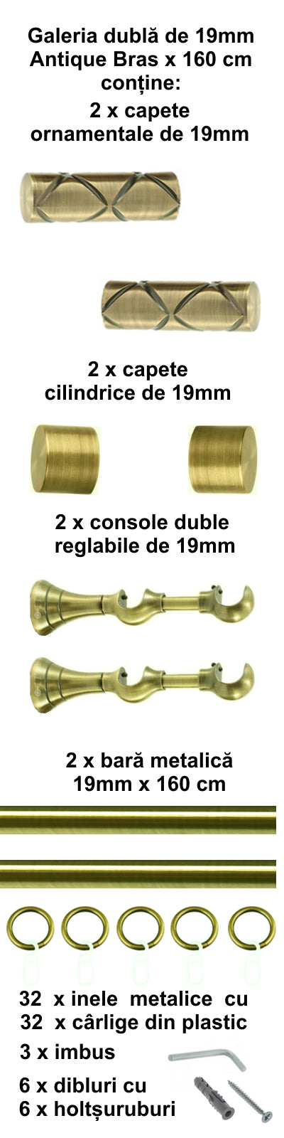 Galerie Metalică Ciel, dublă, clasică, cu inele, 19mm, antique brass (auriu antic)