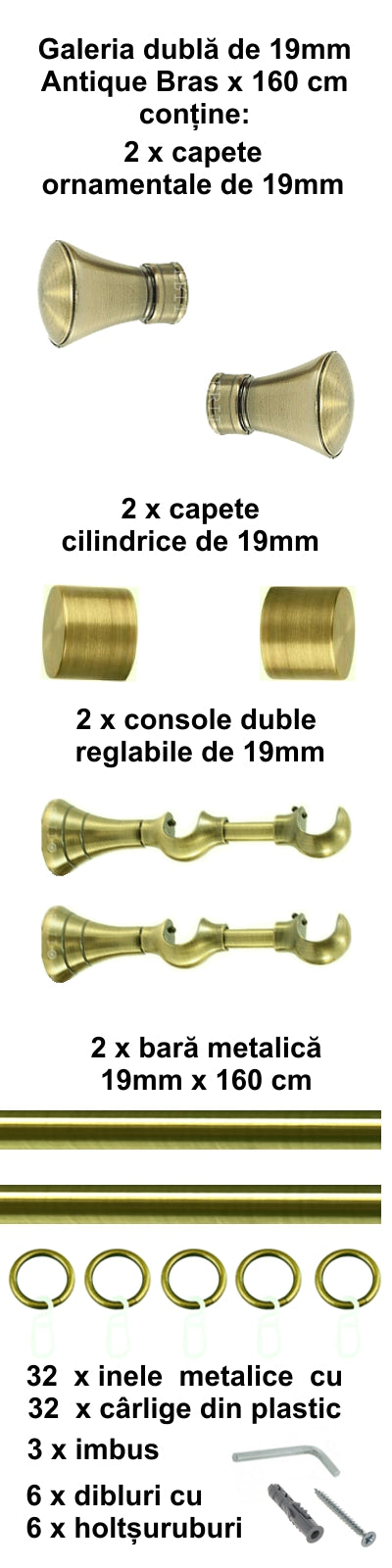 Galerie Metalică Conic, dublă, clasică, cu inele, 19mm, antique brass (auriu antic)