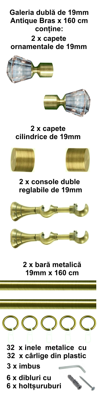 Galerie Metalică Cristal, dublă, clasică, cu inele, 19mm, antique brass (auriu antic)