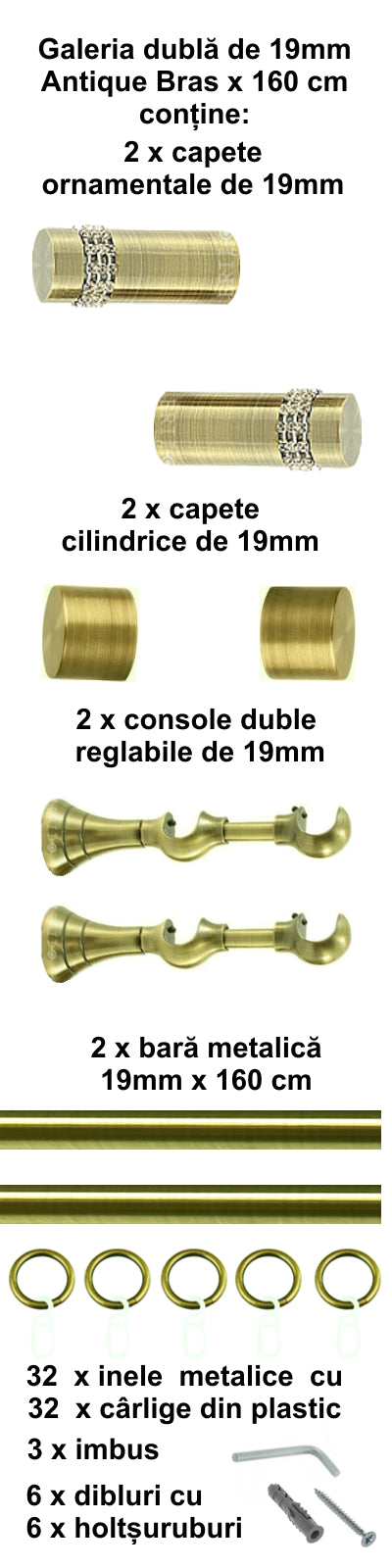 Galerie Metalică Dios, dublă, clasică, cu inele, 19mm, antique brass (auriu antic)