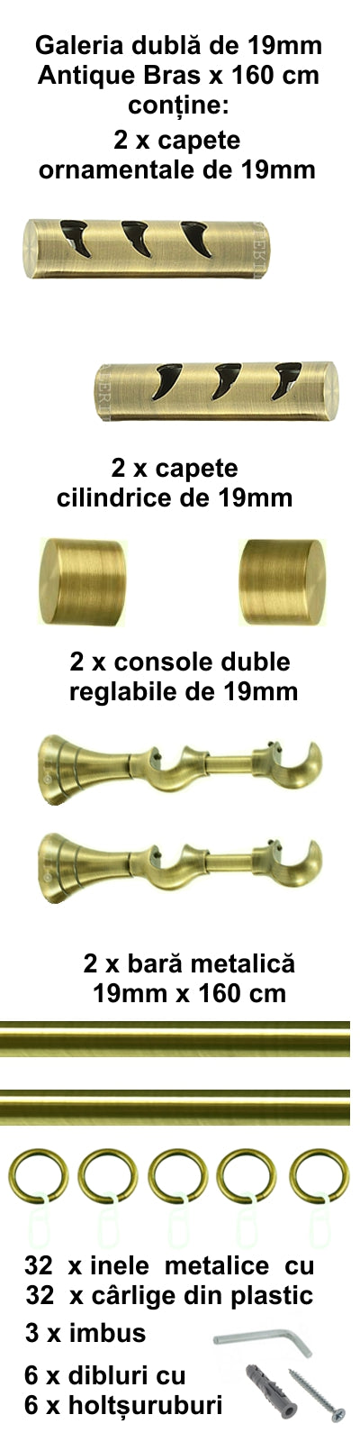 Galerie Metalică Drop, dublă, clasică, cu inele, 19mm, antique brass (auriu antic)