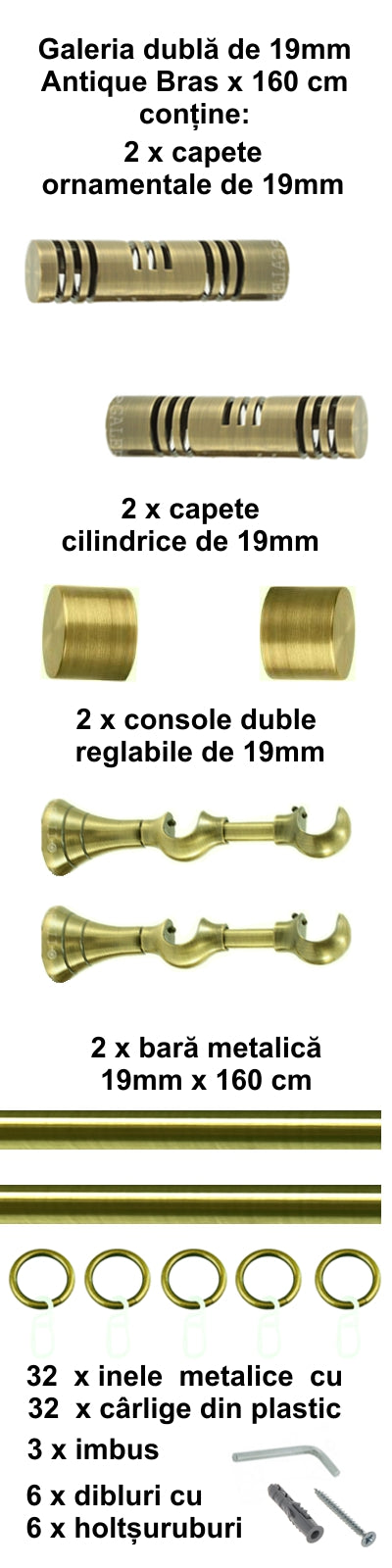 Galerie Metalică Elis, dublă, clasică, cu inele, 19mm, antique brass (auriu antic)