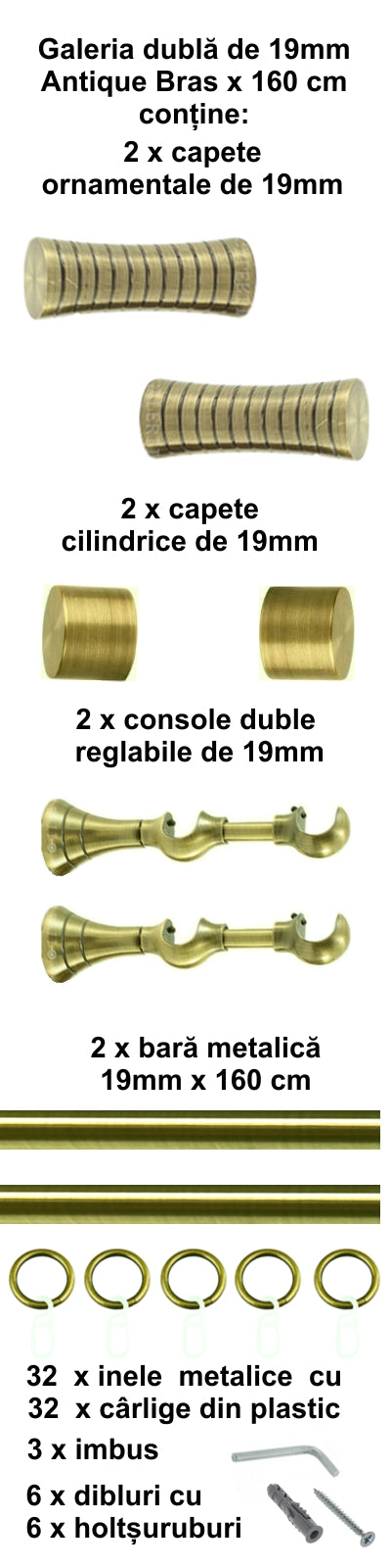 Galerie Metalică Febris, dublă, clasică, cu inele, 19mm, antique brass (auriu antic)