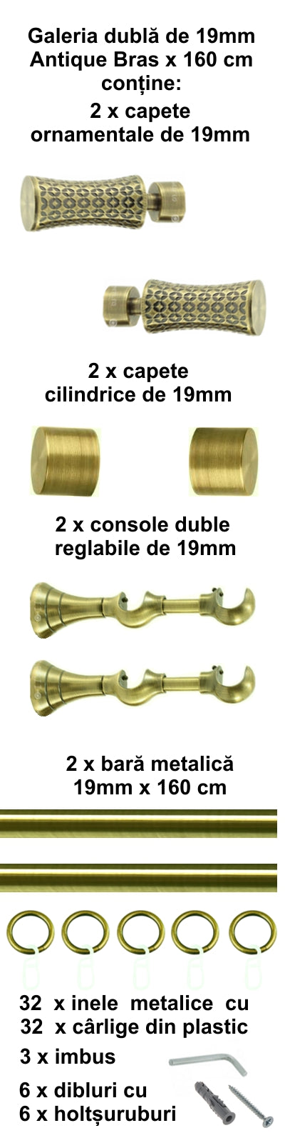 Galerie Metalică Jaris, dublă, clasică, cu inele, 19mm, antique brass (auriu antic)
