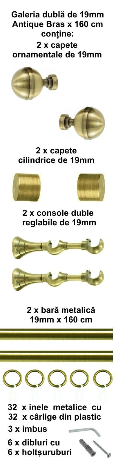 Galerie Metalică Kalisto, dublă, clasică, cu inele, 19mm, antique brass (auriu antic)
