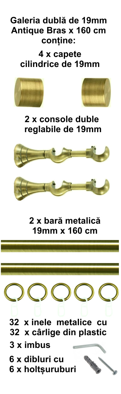 Galerie Metalică Luna, dublă, clasică, cu inele, 19mm, antique brass (auriu antic)