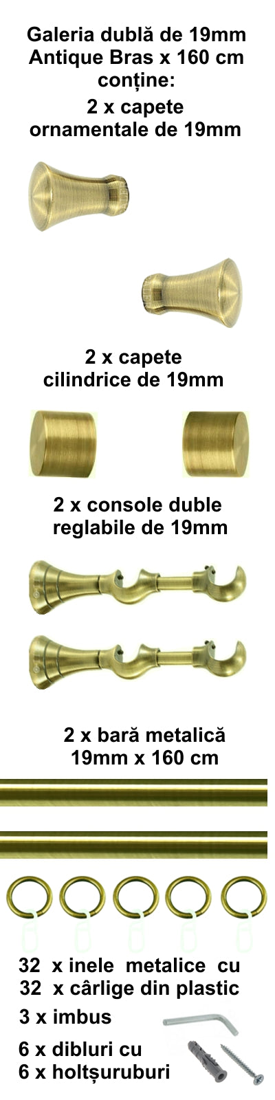 Galerie Metalică Monaco, dublă, clasică, cu inele, 19mm, antique brass (auriu antic)