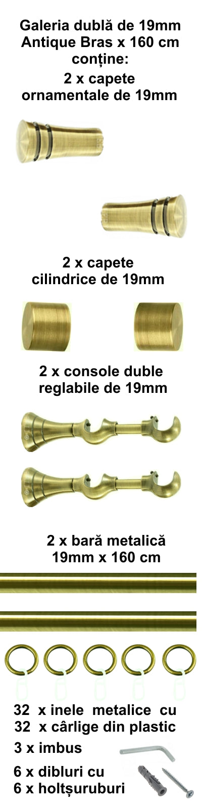 Galerie Metalică Paola, dublă, clasică, cu inele, 19mm, antique brass (auriu antic)