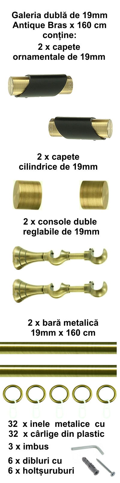 Galerie Metalică Paris, dublă, clasică, cu inele, 19mm, antique brass (auriu antic)