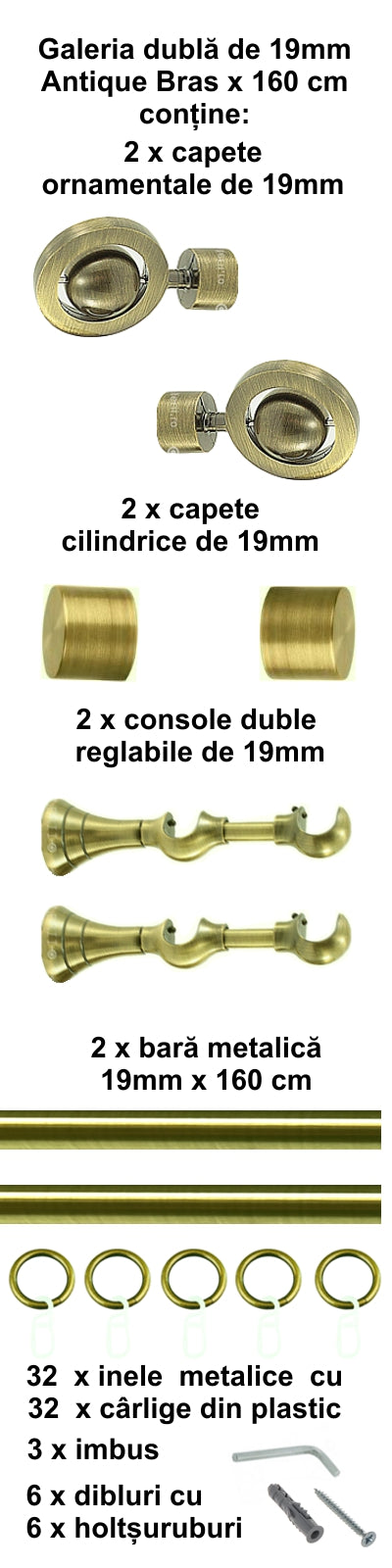 Galerie Metalică Seti, dublă, clasică, cu inele, 19mm, antique brass (auriu antic)
