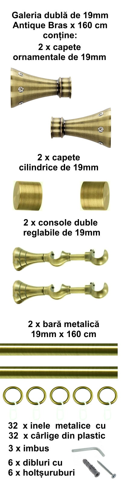 Galerie Metalică Sigma, dublă, clasică, cu inele, 19mm, antique brass (auriu antic)