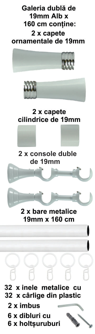 Galerie Metalică Ahile, dublă, clasică, cu inele, 19mm, Alb